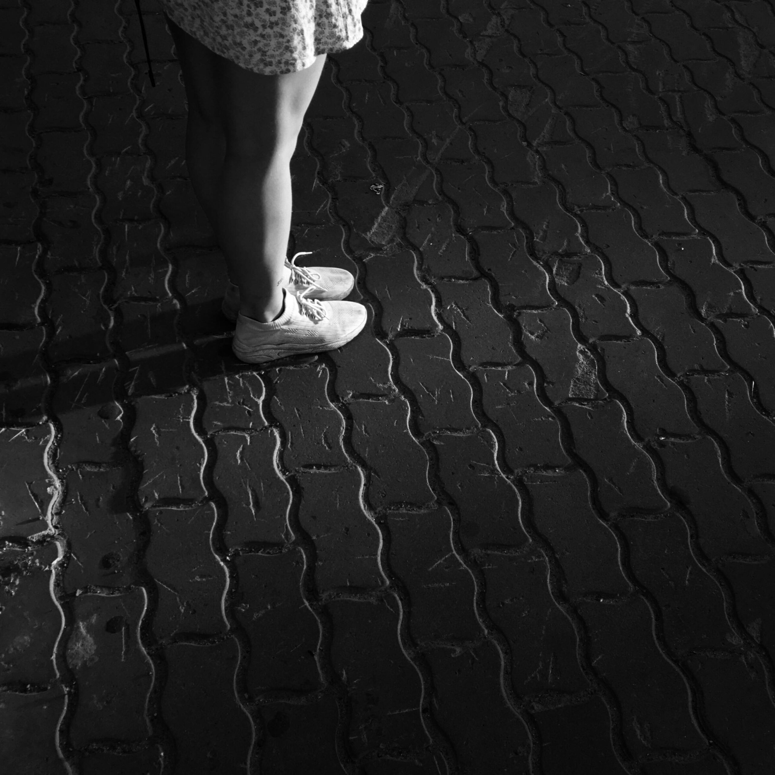 Woman in Dress Standing on Black Brick Floor